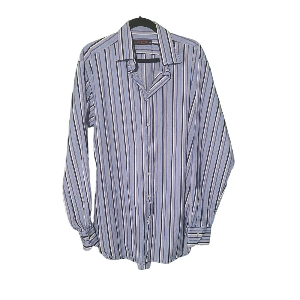 ETRO Milano Blue and White Striped Button Down Dress Shirt 44 Made in Italy